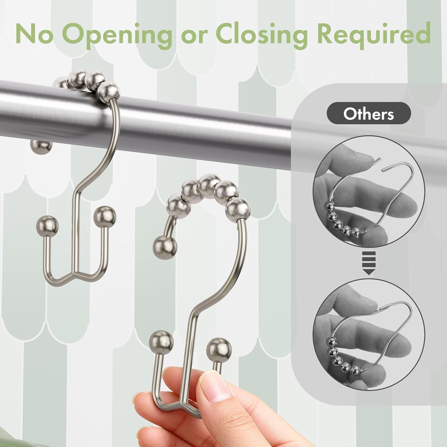 Shower Curtain Rings, Rust-Resistant Metal Double Shower Hooks for Curtain Rolling Shower Curtain Hooks Rings Shower Rings for Bathroom Shower Curtain Rod , Nickel, Set of 12 Rings