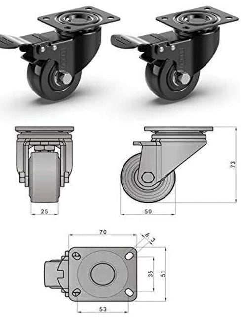 Load image into Gallery viewer, 2" Heavy Duty Caster Wheels with 2 Brakes + Screws - up to 440Lbs - Set of 4 No Floor Marks Silent Castor for Furniture - Rubbered Trolley Wheels - Black Casters
