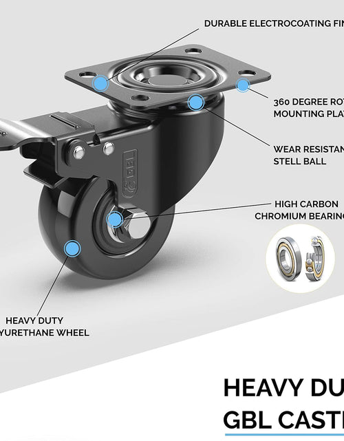 Load image into Gallery viewer, 2" Heavy Duty Caster Wheels with 2 Brakes + Screws - up to 440Lbs - Set of 4 No Floor Marks Silent Castor for Furniture - Rubbered Trolley Wheels - Black Casters
